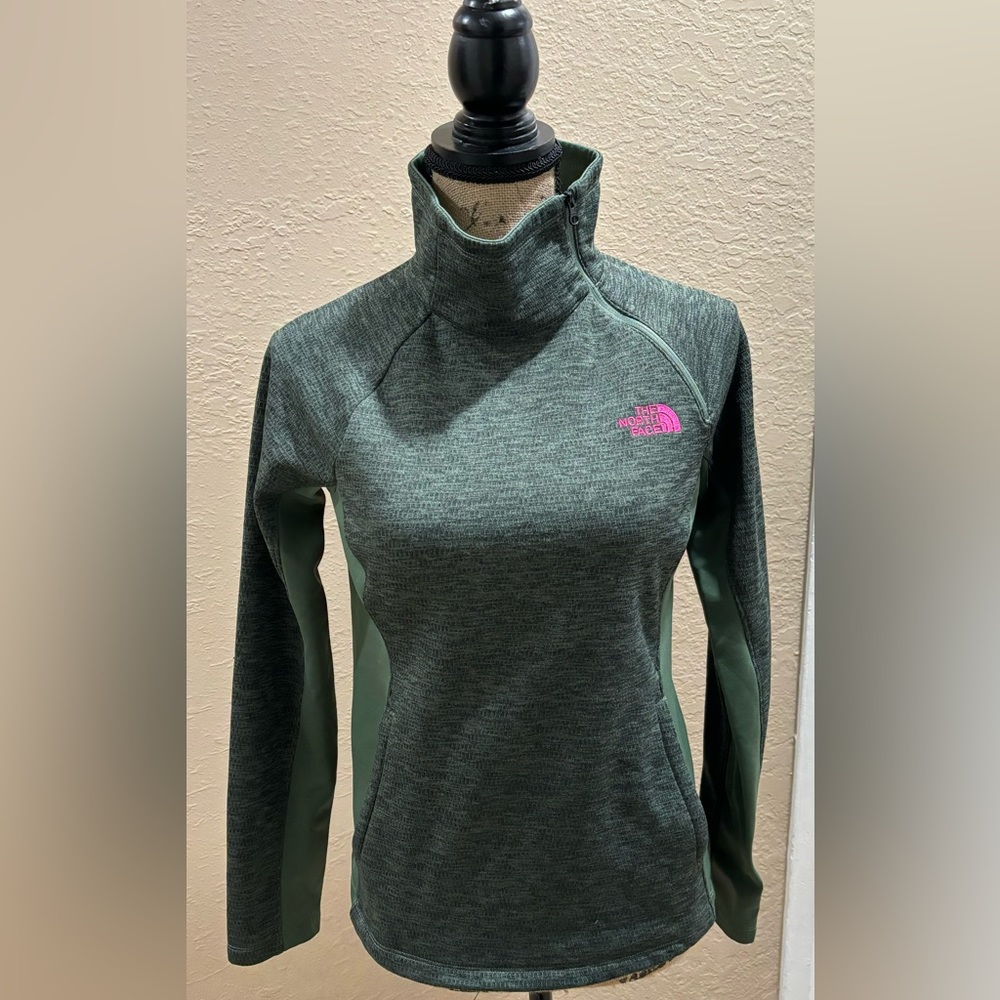 The North Face Women's Forest Green Half-Zip Pullover with Pink Logo